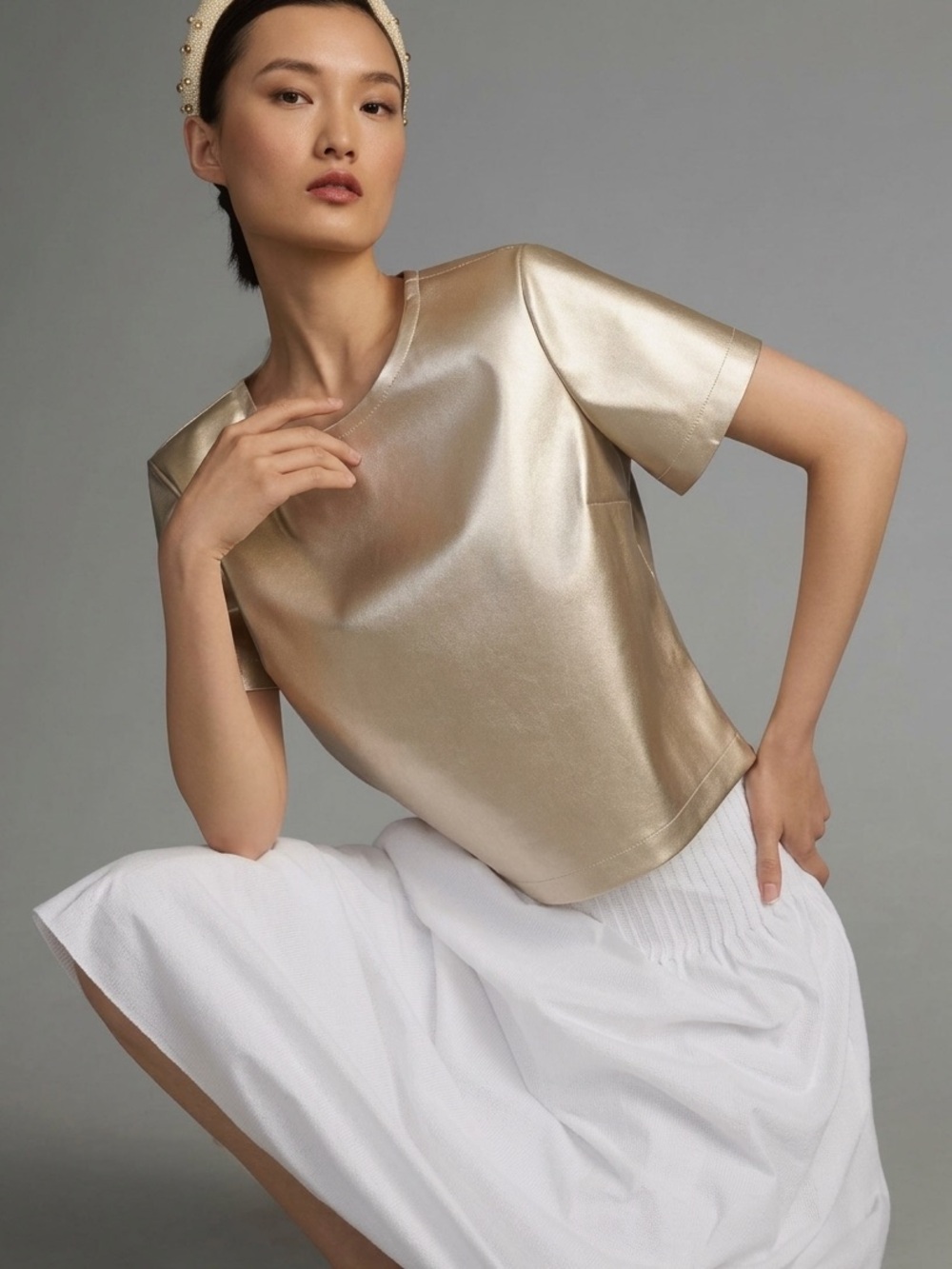 Anthropologie x Porridge Collin Metallic Gold Faux Leather Top Sz Medium NWT